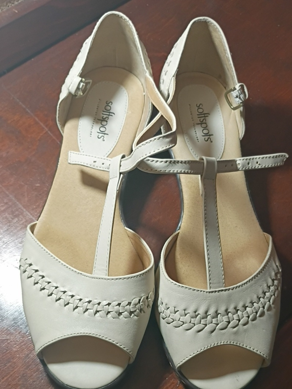 Softspots Cream T-Strap Woven Peep-Toe Sandals